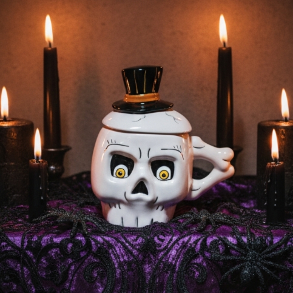 Shelly Comiskey Skeleton Mug with Top Hat Lid